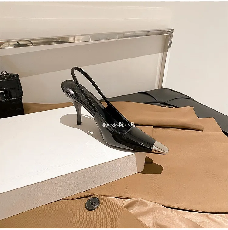 luxury women's shoes Women's Sandals With Heels Summer 2026 Leather Fashion Luxury Brand Pumps Metal Square Head High Heels shes