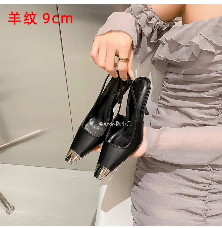 luxury women's shoes Women's Sandals With Heels Summer 2026 Leather Fashion Luxury Brand Pumps Metal Square Head High Heels shes
