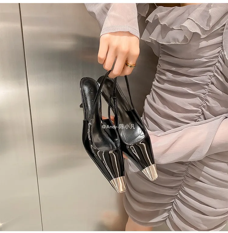 luxury women's shoes Women's Sandals With Heels Summer 2026 Leather Fashion Luxury Brand Pumps Metal Square Head High Heels shes