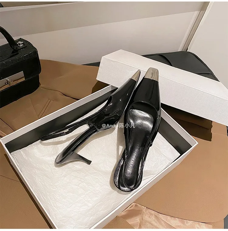 luxury women's shoes Women's Sandals With Heels Summer 2026 Leather Fashion Luxury Brand Pumps Metal Square Head High Heels shes
