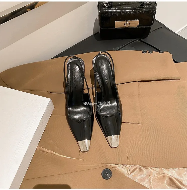 luxury women's shoes Women's Sandals With Heels Summer 2026 Leather Fashion Luxury Brand Pumps Metal Square Head High Heels shes