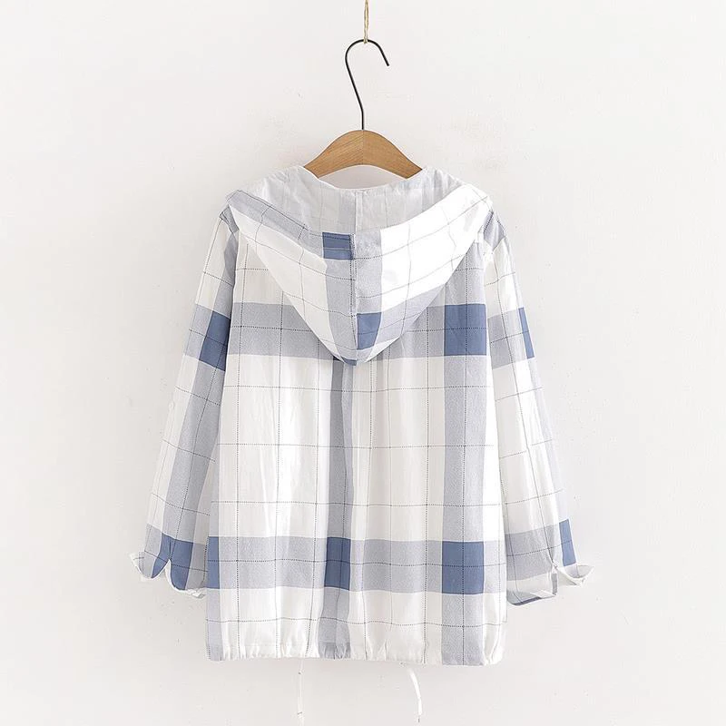 Jmprs Japan Preppy Style Women Shirts Fashion Bow Lace Up Student Hooded Top Plaid Blue White Female Elegant blouse