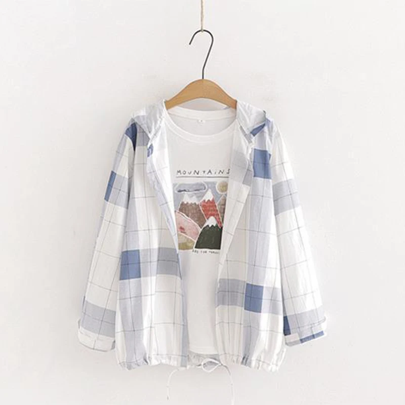 Jmprs Japan Preppy Style Women Shirts Fashion Bow Lace Up Student Hooded Top Plaid Blue White Female Elegant blouse