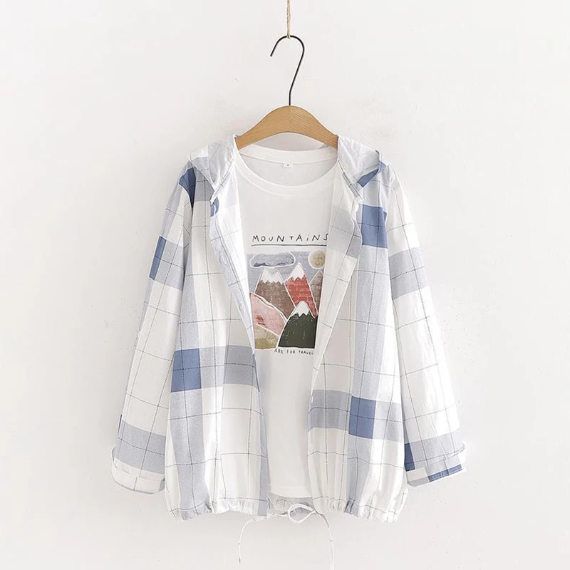 Jmprs Japan Preppy Style Women Shirts Fashion Bow Lace Up Student Hooded Top Plaid Blue White Female Elegant blouse