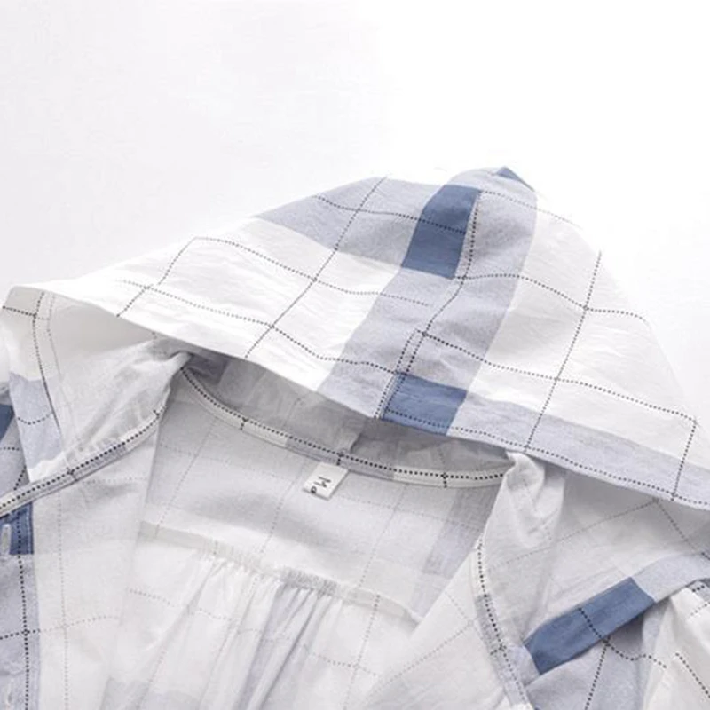 Jmprs Japan Preppy Style Women Shirts Fashion Bow Lace Up Student Hooded Top Plaid Blue White Female Elegant blouse