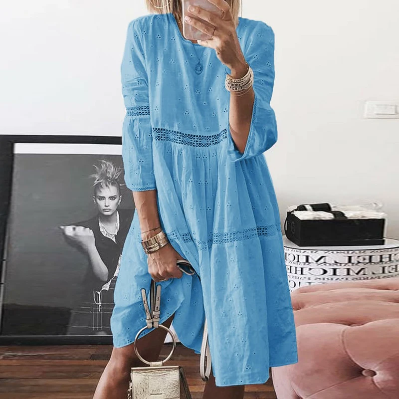 Print Mid Dress S-5XL Size Summer Women Elegant Butterfly Lady Casual O Neck Loose Party Dress Chic Allover Embroidary Lace Tape