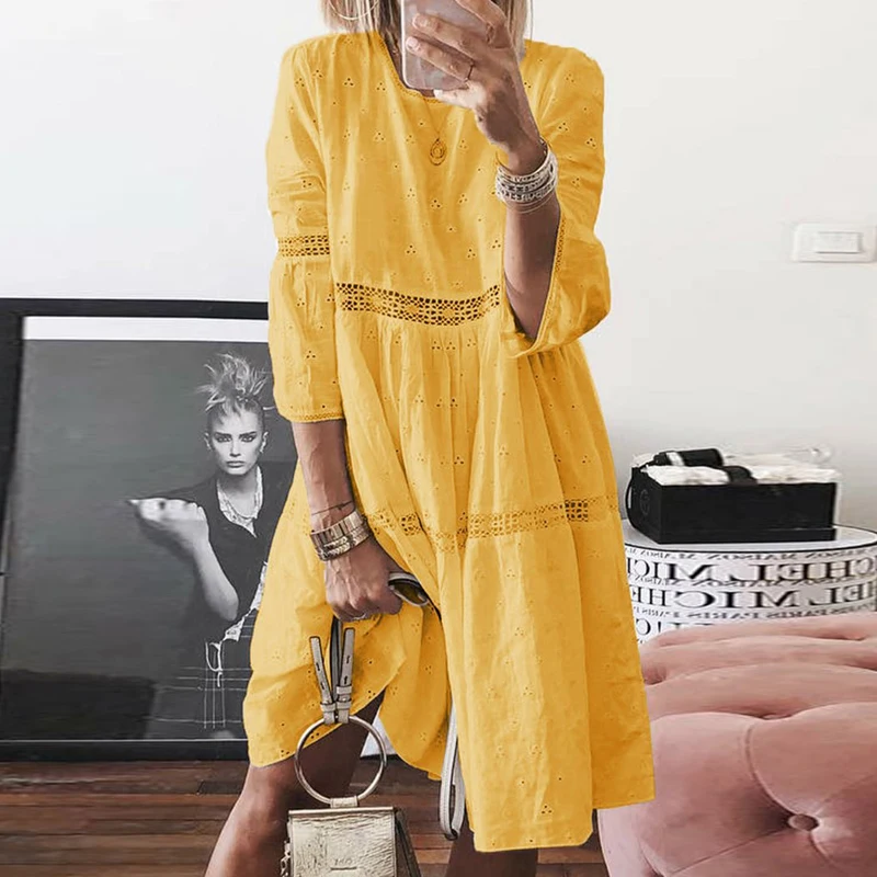 Print Mid Dress S-5XL Size Summer Women Elegant Butterfly Lady Casual O Neck Loose Party Dress Chic Allover Embroidary Lace Tape
