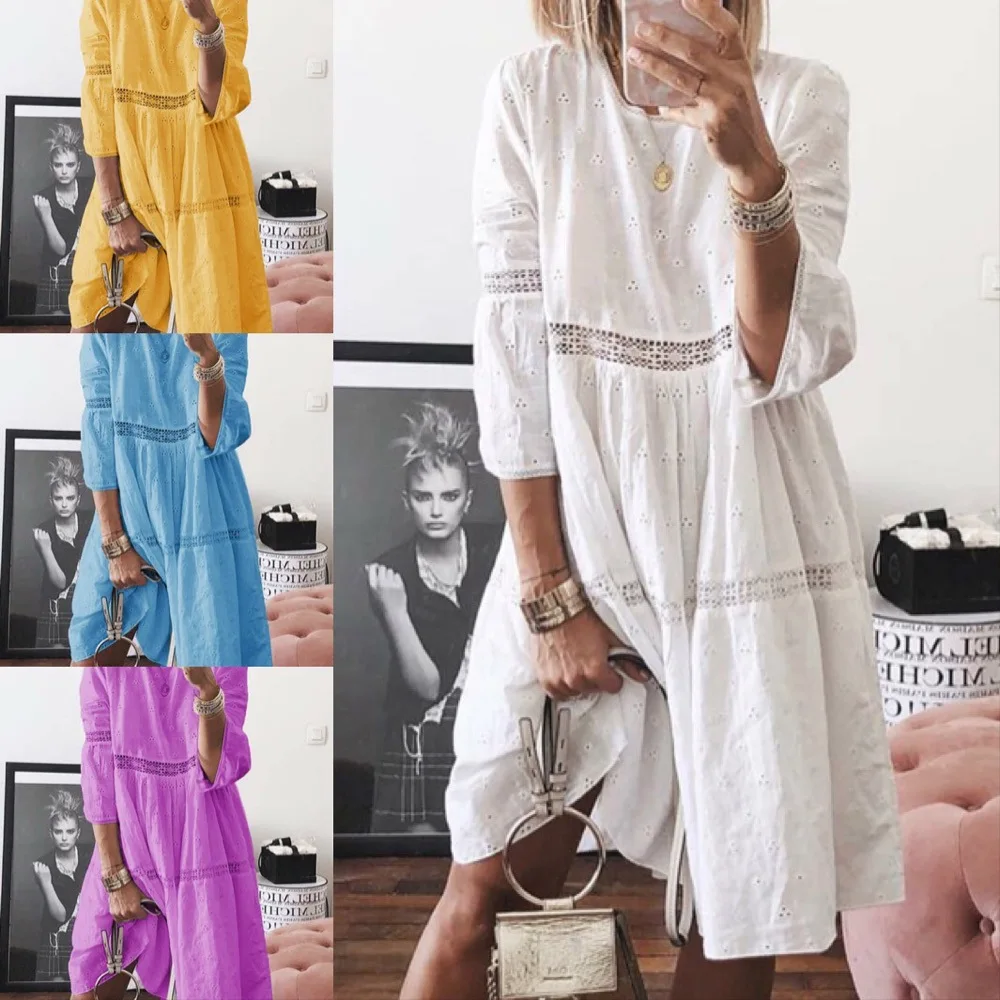Print Mid Dress S-5XL Size Summer Women Elegant Butterfly Lady Casual O Neck Loose Party Dress Chic Allover Embroidary Lace Tape