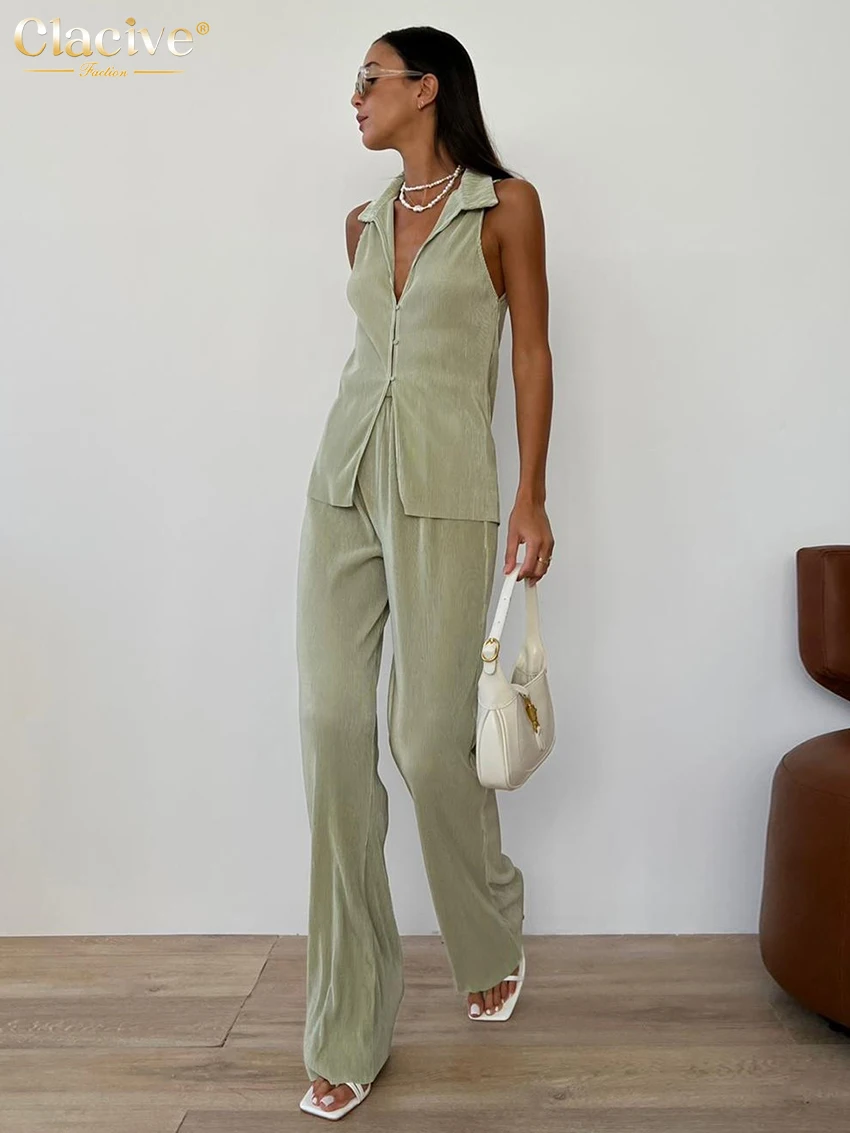 Clacive Bodycon Black Pleated 2 Piece Sets Women Outfit 2023 Summer Sleeveless Tank Top With High Waist Wide Pants Set Female