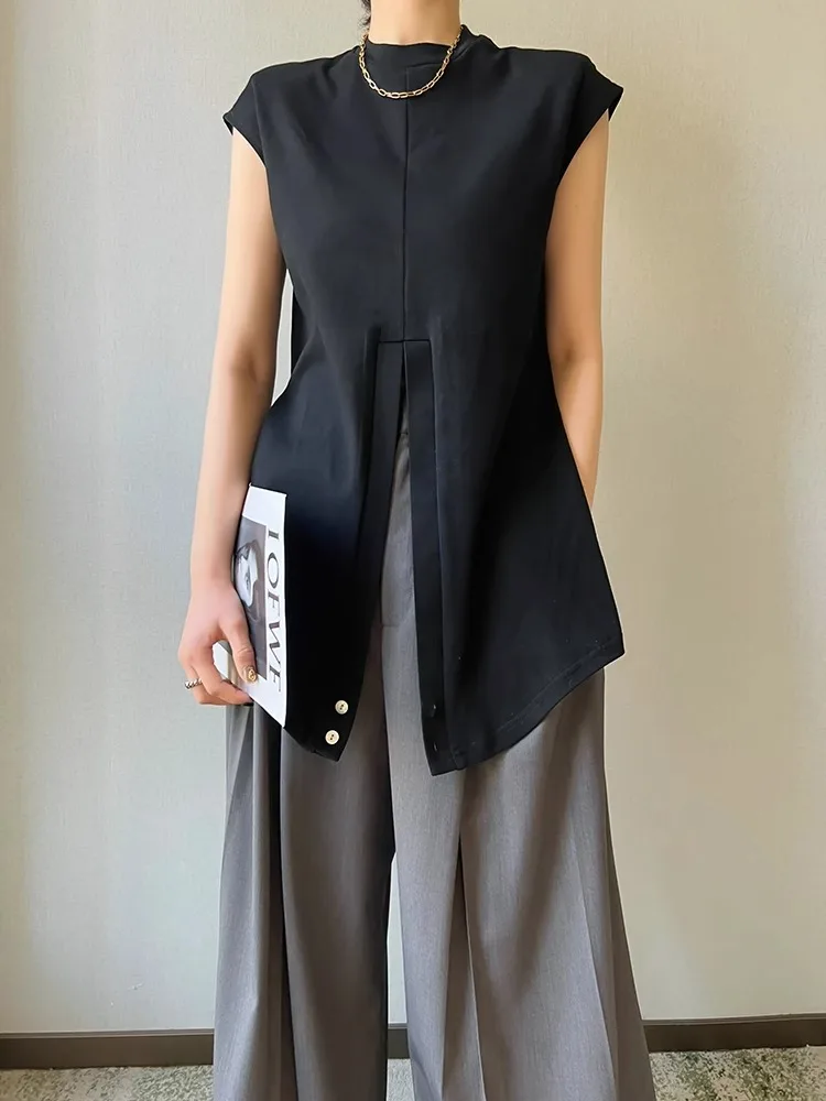 Black Twisted Split T-Shirt Women'S Summer Fashion Design Sense Shoulder Padded Cross Irregular Short Sleeved Top