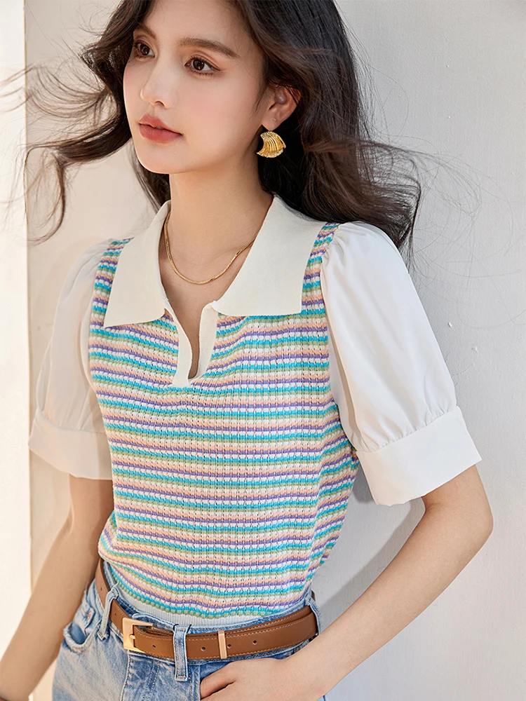 Summer New Thin Striped Knit Shirt Tops Short Sleeve Lapel Loose Short Pullovers Fashion Women Casual Top Clothing