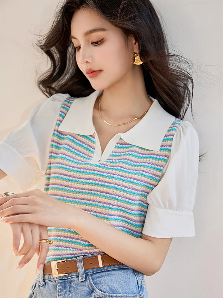 Summer New Thin Striped Knit Shirt Tops Short Sleeve Lapel Loose Short Pullovers Fashion Women Casual Top Clothing