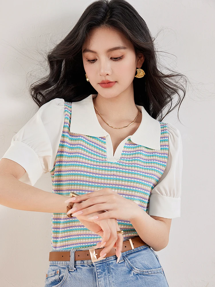 Summer New Thin Striped Knit Shirt Tops Short Sleeve Lapel Loose Short Pullovers Fashion Women Casual Top Clothing