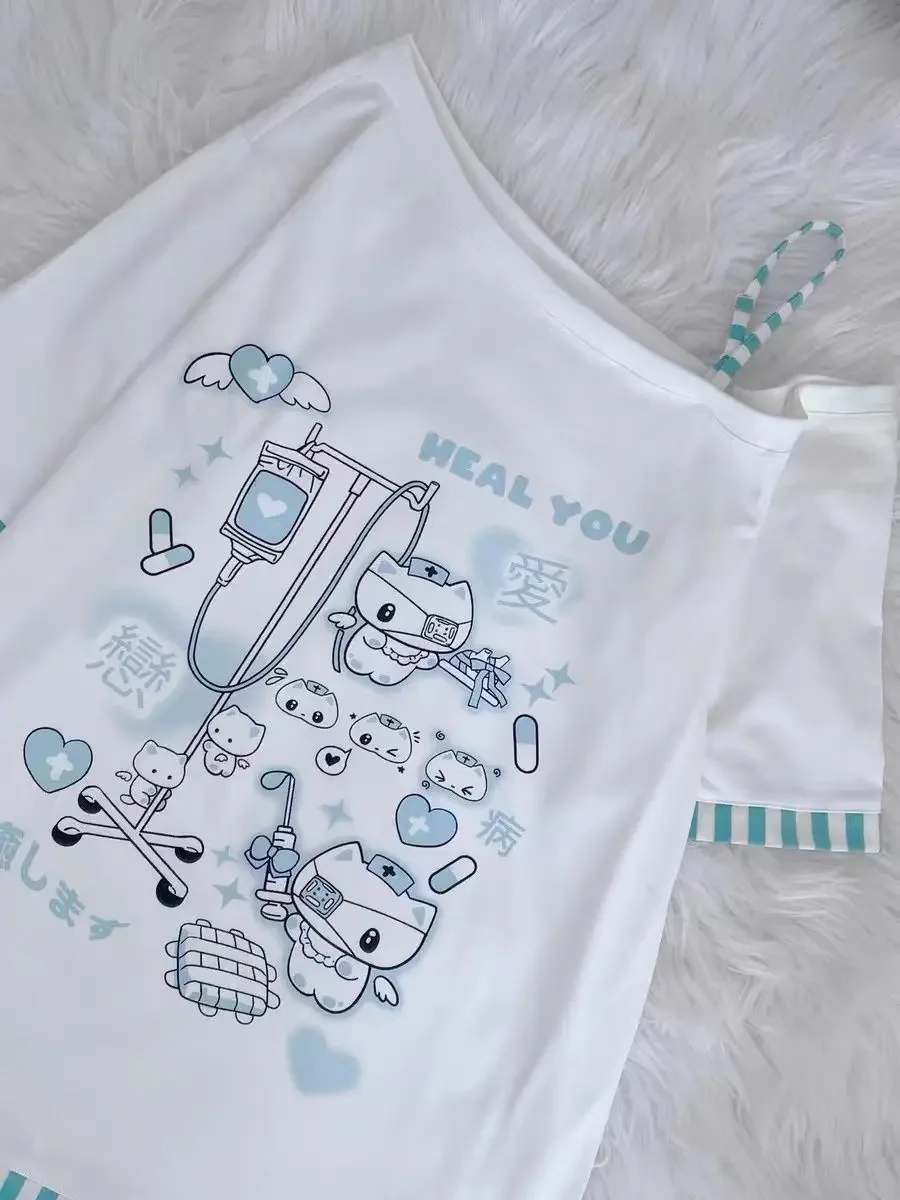 Gothic Woman Clothing Y2k Harajuku T-shirts Japanese Female Clothing Patchwork Kawaii Sweet Cartoon Print stripe y2k Clothes Top