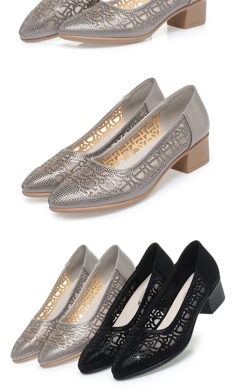 2024 New Summer Fashion Pumps Cut-outs Rhinestones Shoes Women Crystal Casual Round Head Thick Heel Soft Leather Sandals
