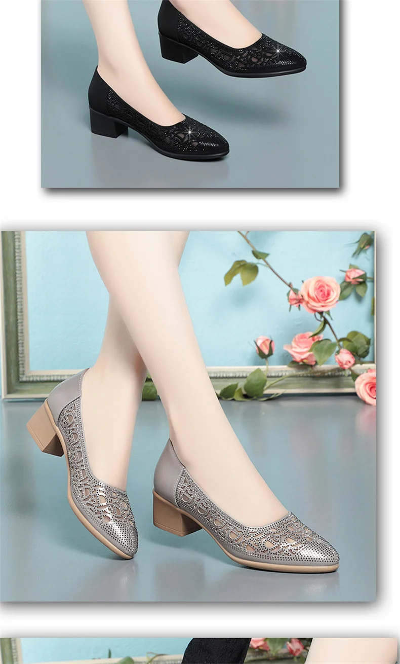 2024 New Summer Fashion Pumps Cut-outs Rhinestones Shoes Women Crystal Casual Round Head Thick Heel Soft Leather Sandals