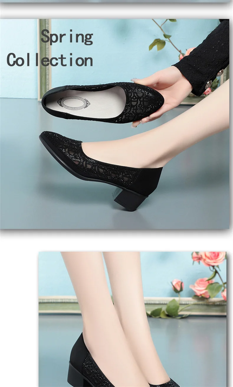 2024 New Summer Fashion Pumps Cut-outs Rhinestones Shoes Women Crystal Casual Round Head Thick Heel Soft Leather Sandals