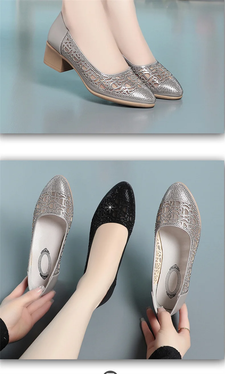 2024 New Summer Fashion Pumps Cut-outs Rhinestones Shoes Women Crystal Casual Round Head Thick Heel Soft Leather Sandals