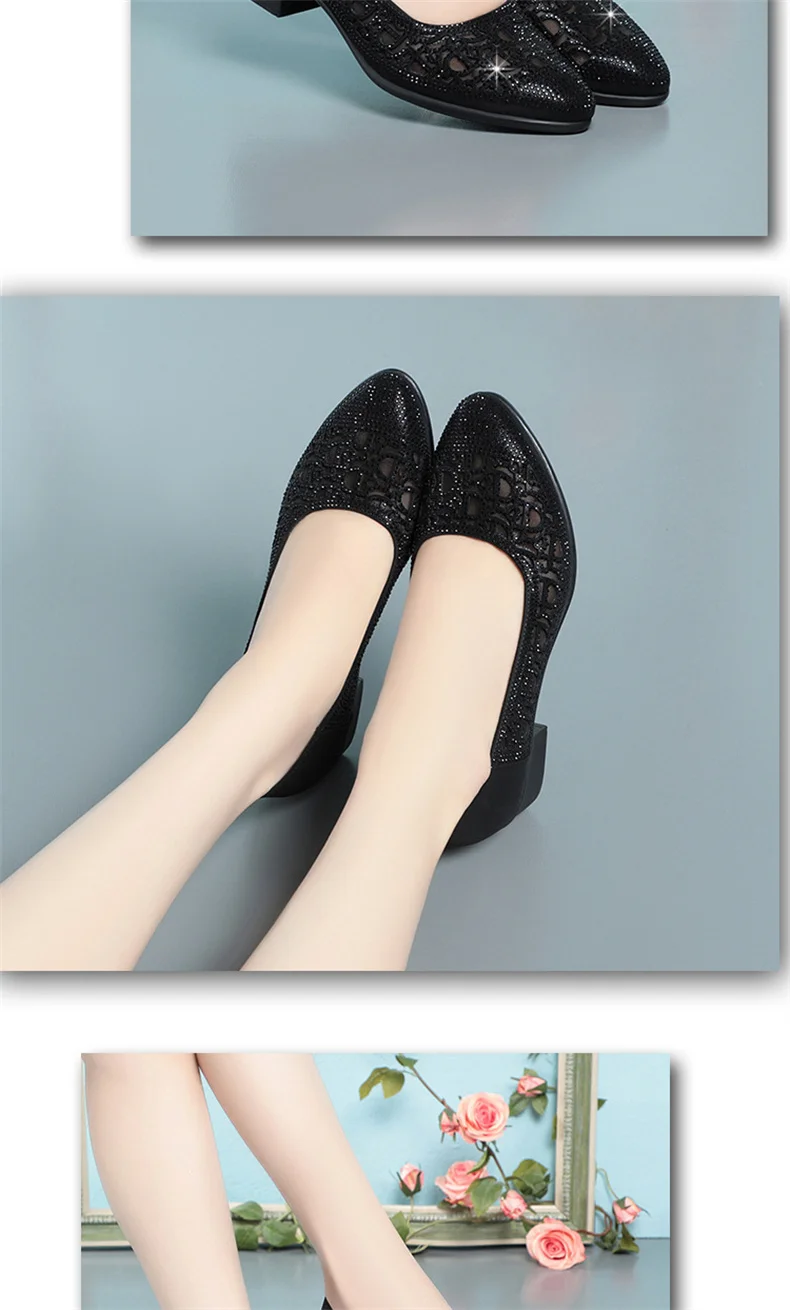 2024 New Summer Fashion Pumps Cut-outs Rhinestones Shoes Women Crystal Casual Round Head Thick Heel Soft Leather Sandals