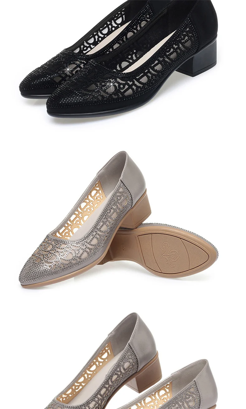 2024 New Summer Fashion Pumps Cut-outs Rhinestones Shoes Women Crystal Casual Round Head Thick Heel Soft Leather Sandals