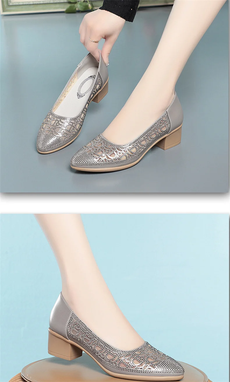 2024 New Summer Fashion Pumps Cut-outs Rhinestones Shoes Women Crystal Casual Round Head Thick Heel Soft Leather Sandals