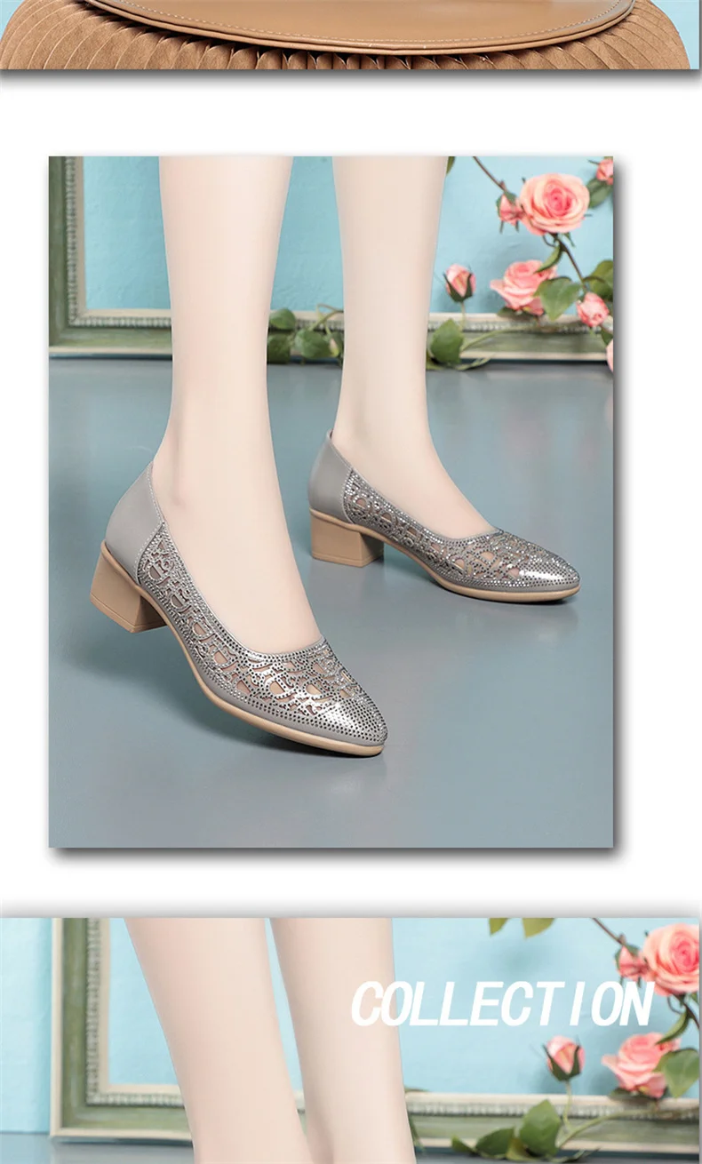 2024 New Summer Fashion Pumps Cut-outs Rhinestones Shoes Women Crystal Casual Round Head Thick Heel Soft Leather Sandals