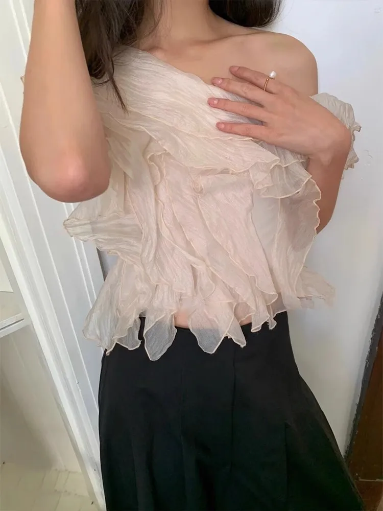 Diagonal Shoulder One Line Collar Shirt, Women'S French High-End Design Sense, Niche Ruffle Edge Off The Shoulder Top