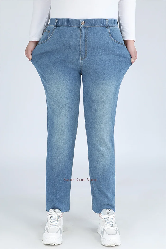 Classic Blue Women Pant Jeans 9XL 140KG 7XL 6XL Plus Size Large High Waist Elastic Denim Pants Female Casual Slim Fit Trousers