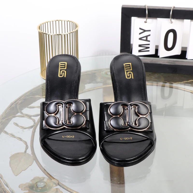 Women's slippers in summer 2024 wear sandals with thin heels high heels buckle is simple elegant black Women shoes