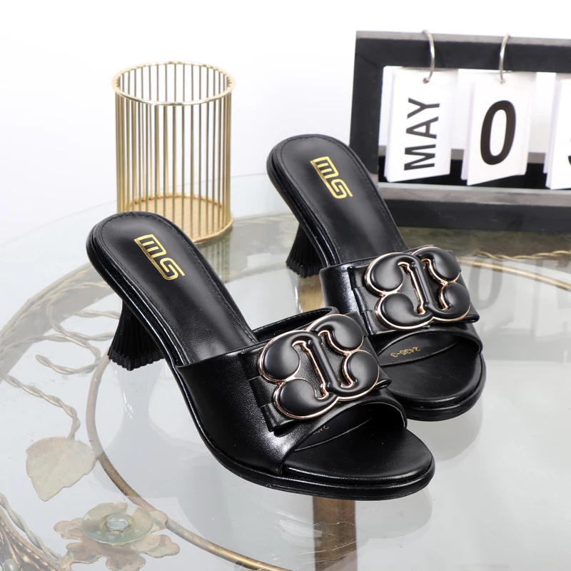 Women's slippers in summer 2024 wear sandals with thin heels high heels buckle is simple elegant black Women shoes