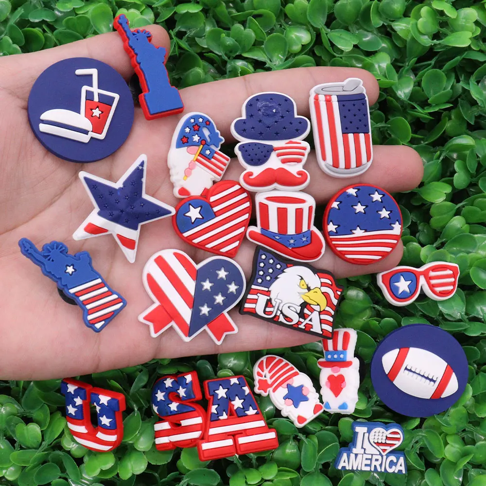 1pcs America USA Statue of Liberty Star Heart Hat Soccer PVC Shoe Charms Wristband Decoration Buckle Accessories Adult Gift