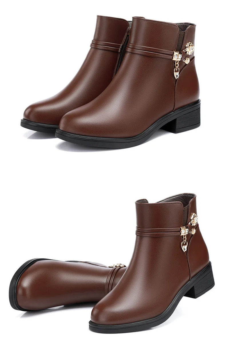 Women's Rhinestone Leather Boots Autumn Winter Warm Cotton Shoes Low Heel Round Head Side Zip Footwear Mother's Cotton Shoes