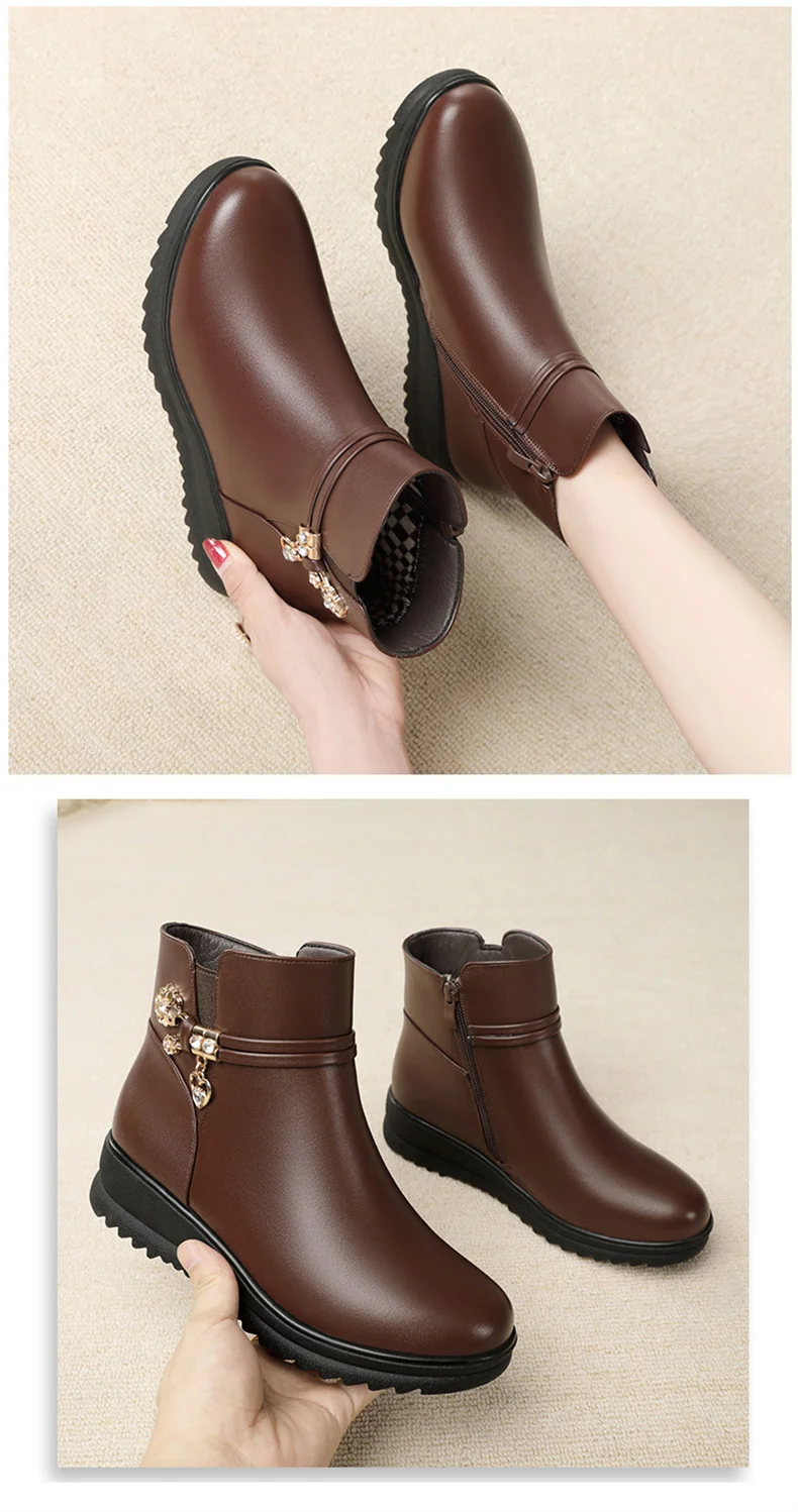 Women's Rhinestone Leather Boots Autumn Winter Warm Cotton Shoes Low Heel Round Head Side Zip Footwear Mother's Cotton Shoes