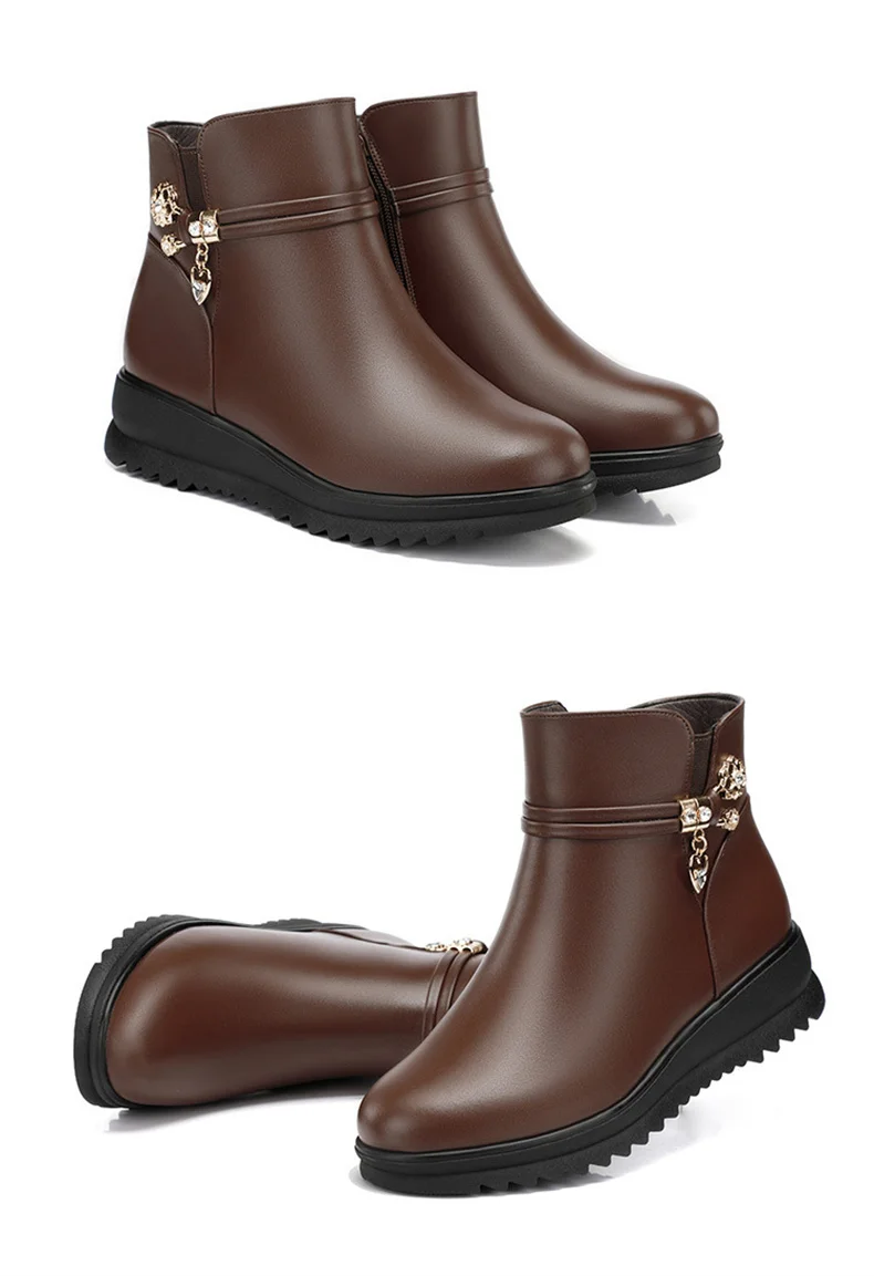 Women's Rhinestone Leather Boots Autumn Winter Warm Cotton Shoes Low Heel Round Head Side Zip Footwear Mother's Cotton Shoes