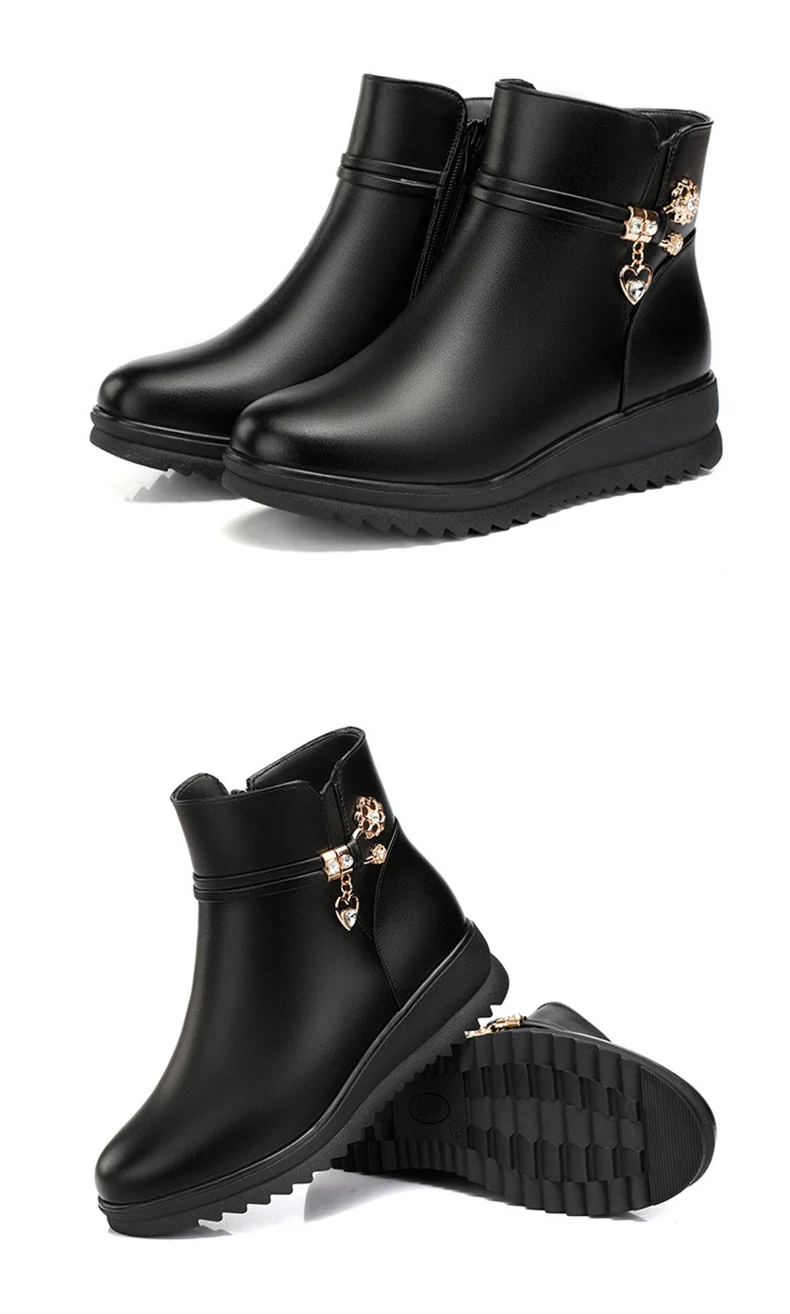 Women's Rhinestone Leather Boots Autumn Winter Warm Cotton Shoes Low Heel Round Head Side Zip Footwear Mother's Cotton Shoes