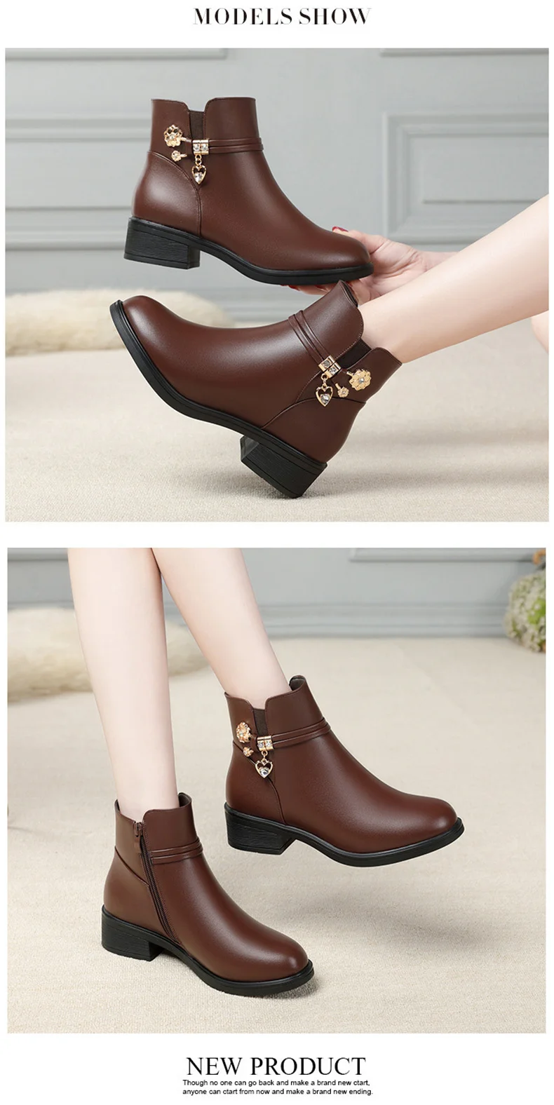 Women's Rhinestone Leather Boots Autumn Winter Warm Cotton Shoes Low Heel Round Head Side Zip Footwear Mother's Cotton Shoes