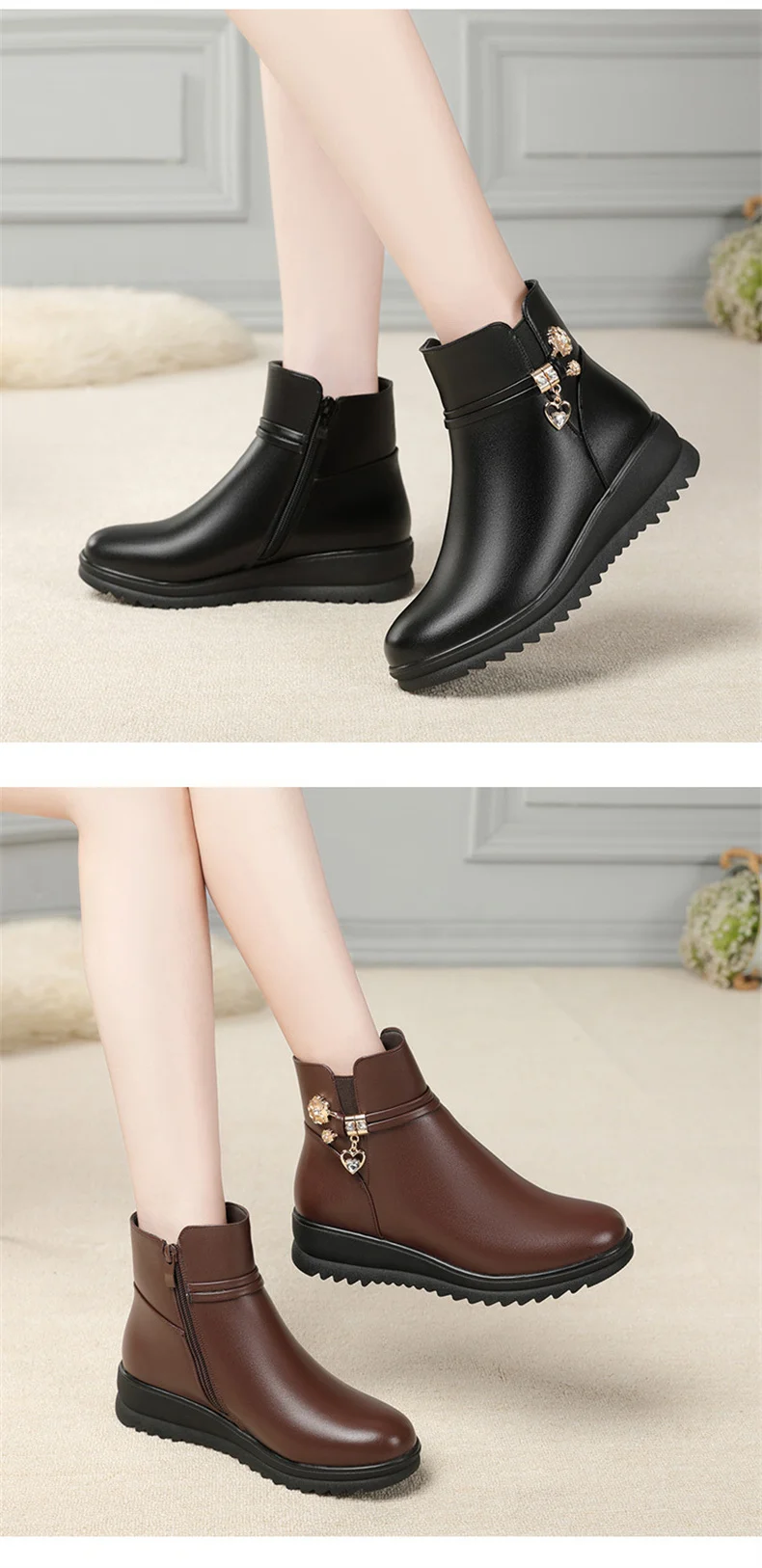 Women's Rhinestone Leather Boots Autumn Winter Warm Cotton Shoes Low Heel Round Head Side Zip Footwear Mother's Cotton Shoes
