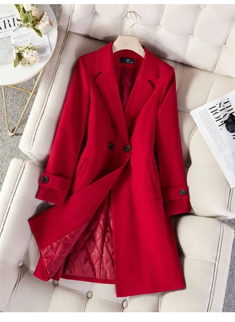 Ladies Long Blazer High Quality Autumn Winter Women Black Red Navy Blue Thicke Blazers Female Casual Jacket Coat Windbreakers