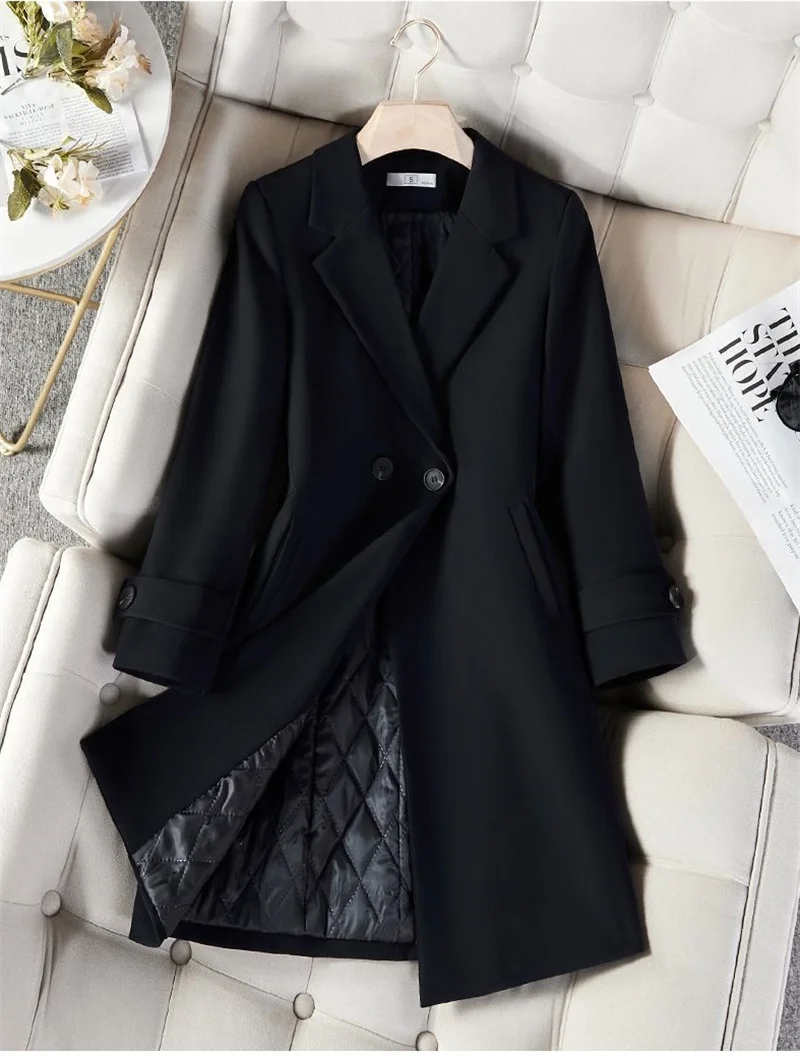 Ladies Long Blazer High Quality Autumn Winter Women Black Red Navy Blue Thicke Blazers Female Casual Jacket Coat Windbreakers