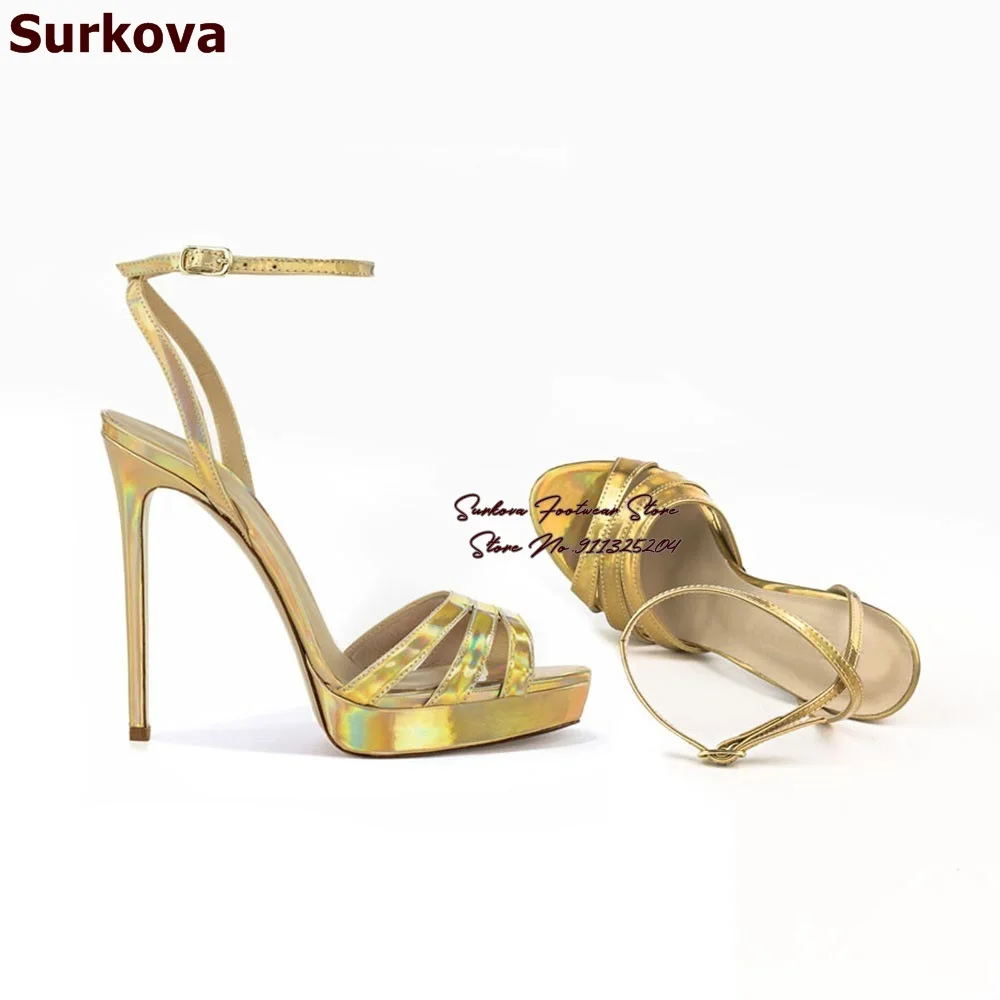 Surkova Hologram Iridescent Gold Patent Leather Strappy Sandals Stiletto Heels Buckle Dress Pumps Platform Evening Party Shoes