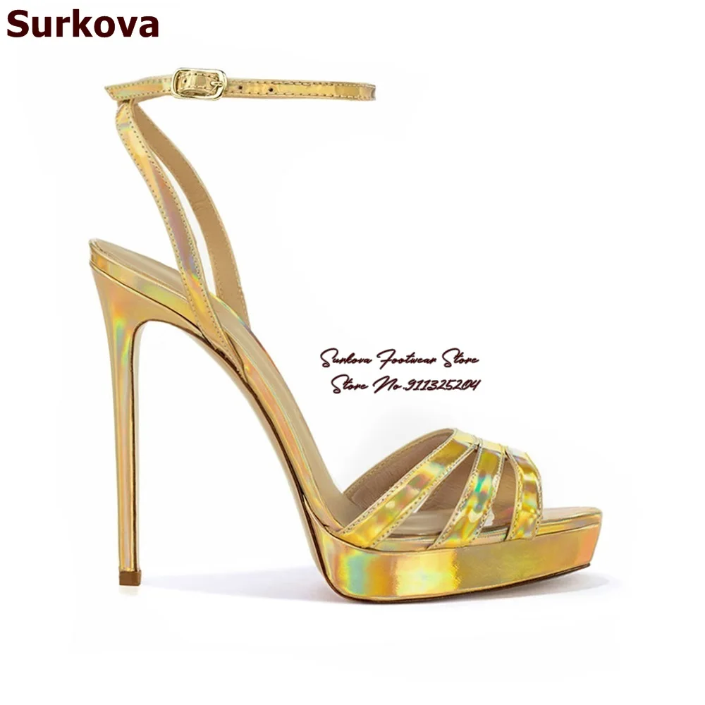 Surkova Hologram Iridescent Gold Patent Leather Strappy Sandals Stiletto Heels Buckle Dress Pumps Platform Evening Party Shoes