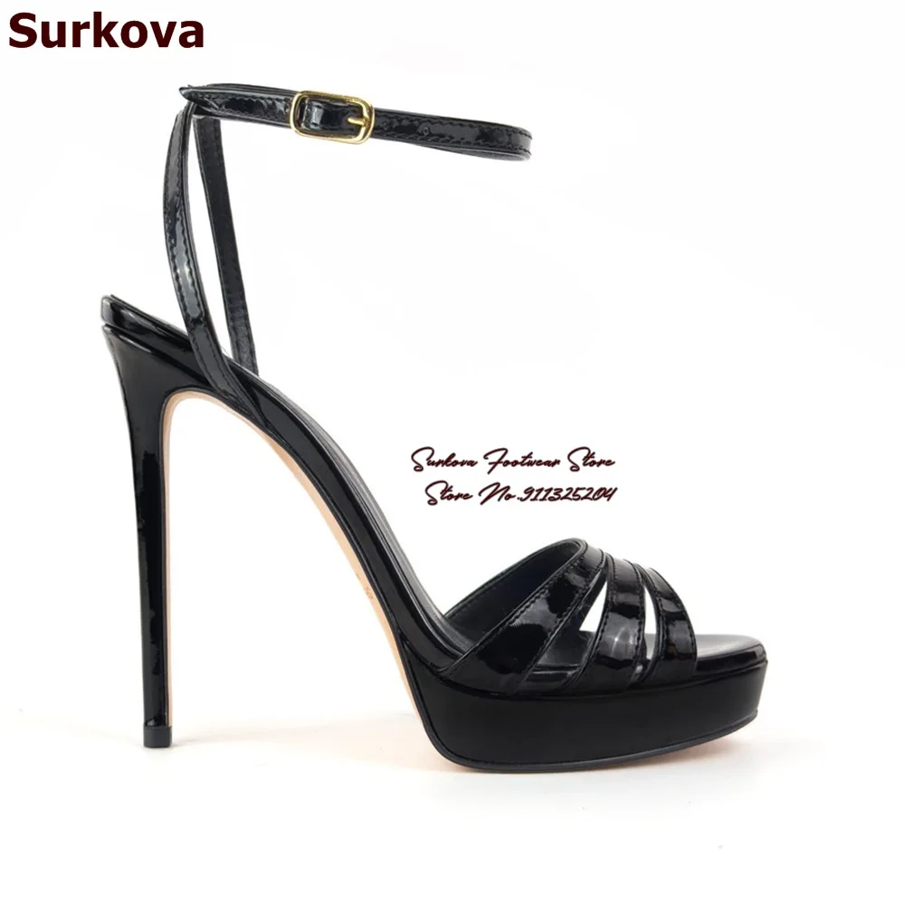 Surkova Hologram Iridescent Gold Patent Leather Strappy Sandals Stiletto Heels Buckle Dress Pumps Platform Evening Party Shoes