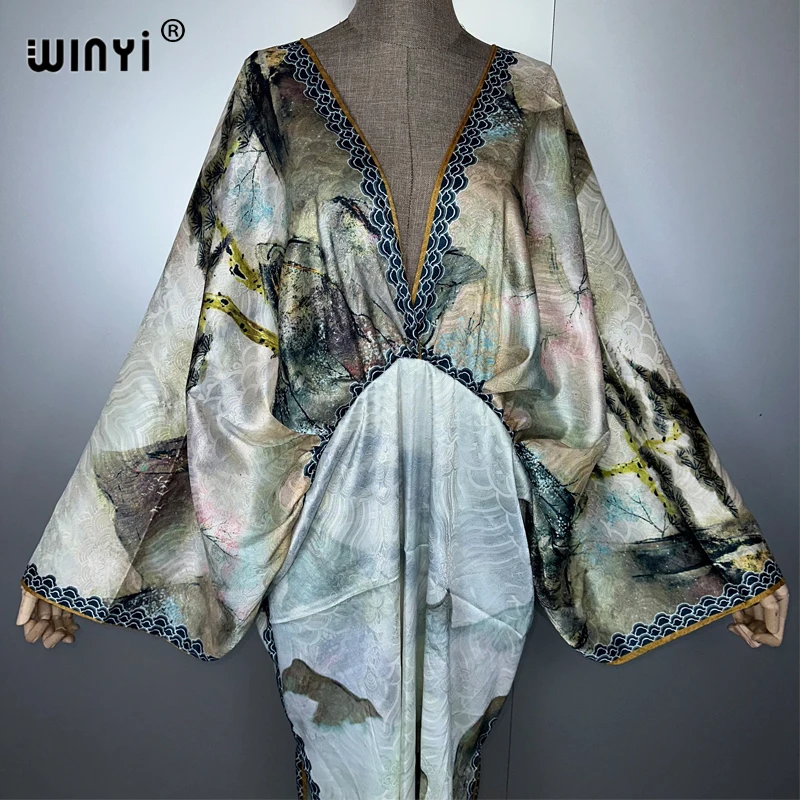 WINYI Bohemian Summer Beach Dress High Quality Double Sided Boho Printing Elegant Silk Maxi Dress Women Evening Party Kaftan