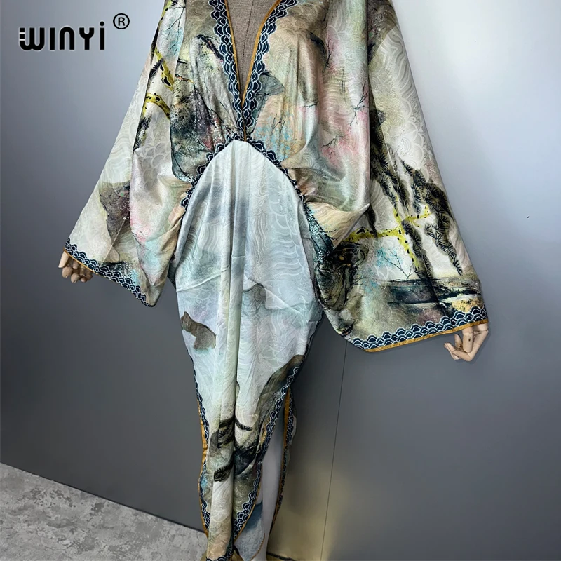 WINYI Bohemian Summer Beach Dress High Quality Double Sided Boho Printing Elegant Silk Maxi Dress Women Evening Party Kaftan