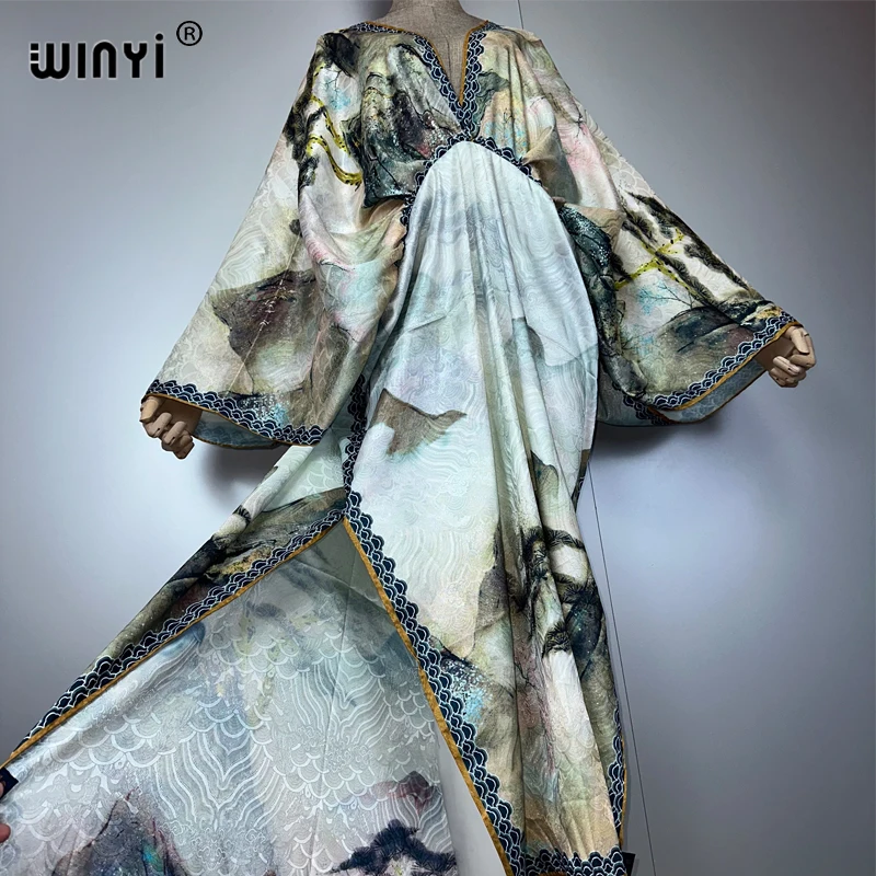 WINYI Bohemian Summer Beach Dress High Quality Double Sided Boho Printing Elegant Silk Maxi Dress Women Evening Party Kaftan