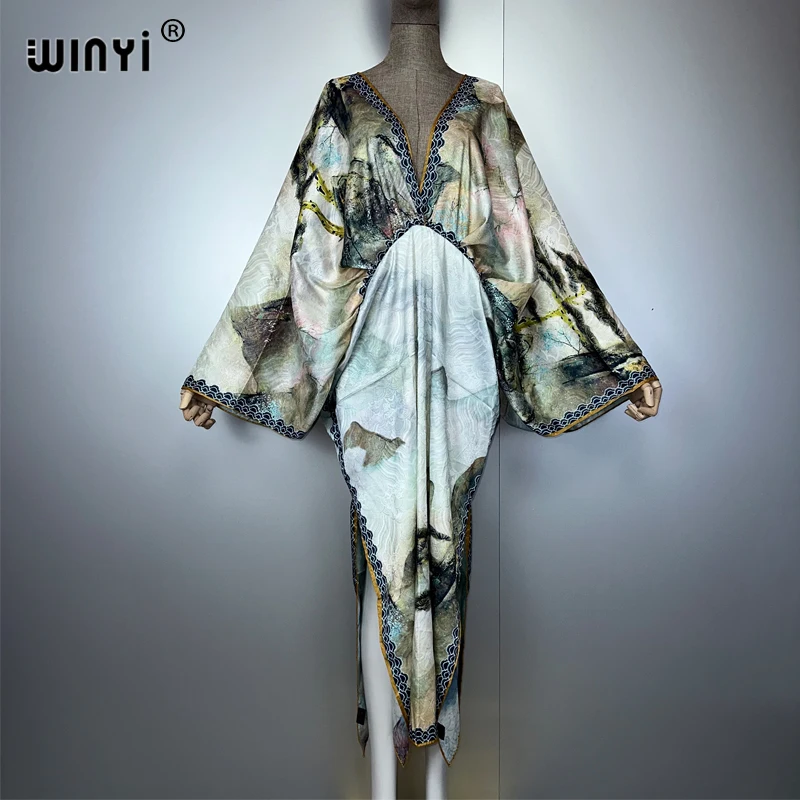 WINYI Bohemian Summer Beach Dress High Quality Double Sided Boho Printing Elegant Silk Maxi Dress Women Evening Party Kaftan