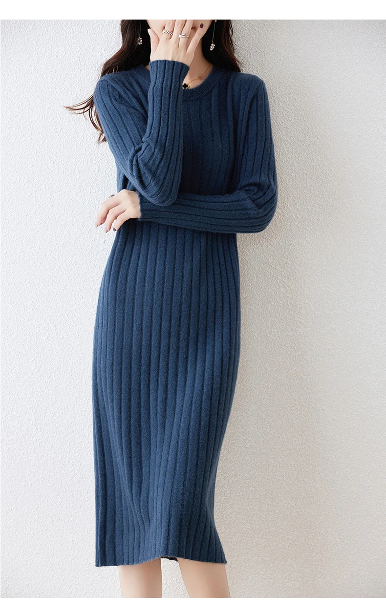 100% Pure Wool Knit Dress Women's Autumn And Winter Slim Knee-Length Dress Sweater Skirt With Bottoming Skirt