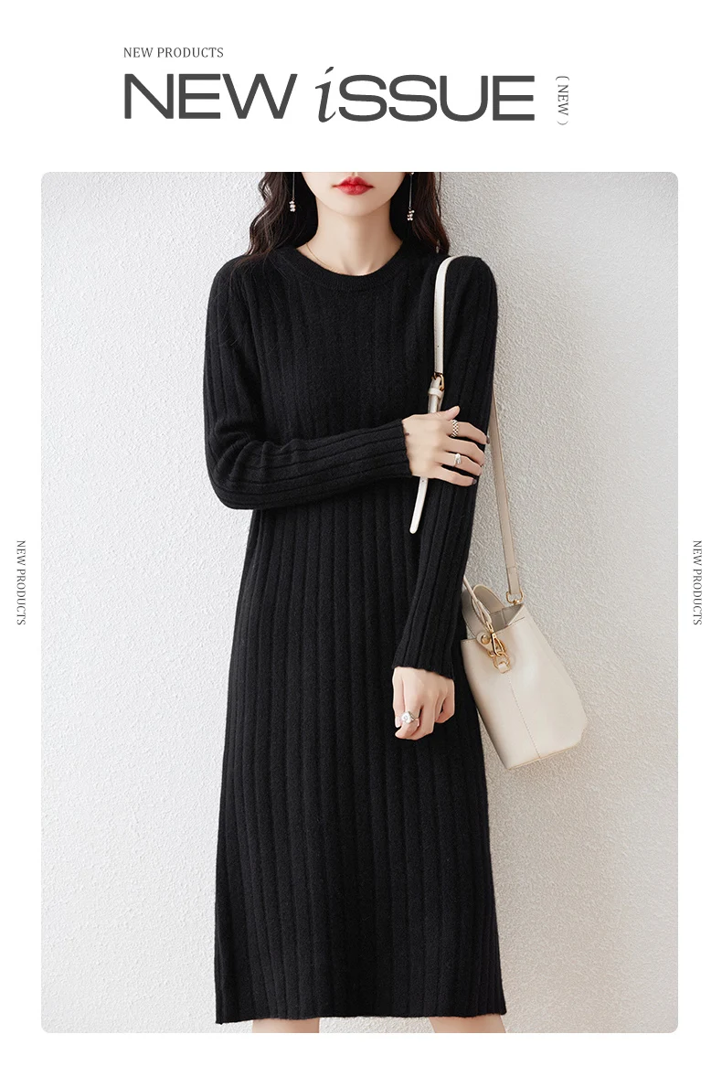 100% Pure Wool Knit Dress Women's Autumn And Winter Slim Knee-Length Dress Sweater Skirt With Bottoming Skirt