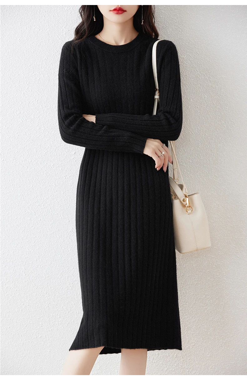 100% Pure Wool Knit Dress Women's Autumn And Winter Slim Knee-Length Dress Sweater Skirt With Bottoming Skirt