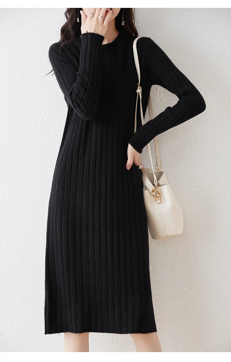 100% Pure Wool Knit Dress Women's Autumn And Winter Slim Knee-Length Dress Sweater Skirt With Bottoming Skirt